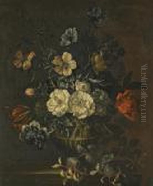 A Still Life With Honeysuckle, 
Chrysanthenums, A Tulip And Other Flowers In A Stone Vase, On A Stone 
Ledge Oil Painting by Jean-Baptiste Monnoyer