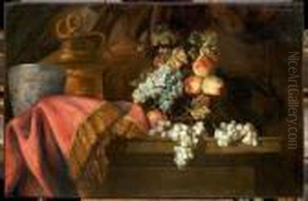 Nature Morte Aux Raisins Avec Un
 Vase En Bronze Cisele Et Dored'apres Un Dessin De Polydore Oil Painting by Jean-Baptiste Monnoyer