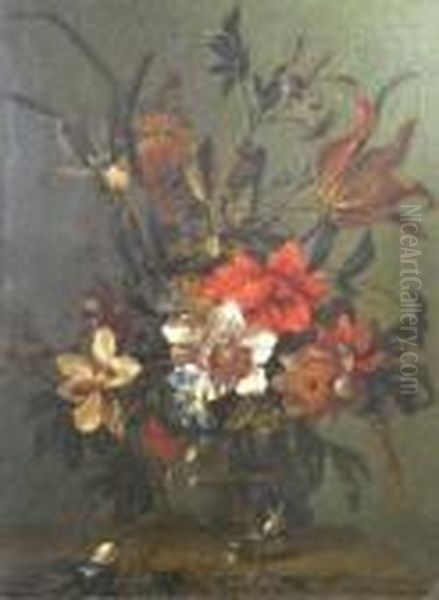 A Still Life With Tulips, 
Peonies And Other Springflowers In A Glass Bowl On A Table Top' Oil Painting by Jean-Baptiste Monnoyer