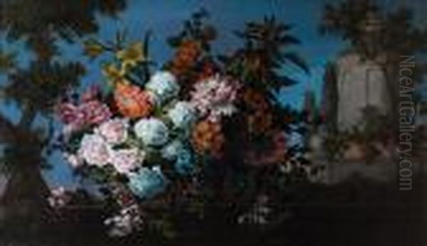 Chrysanthemums, Lilies, 
Honeysuckle And Otherflowers In A Wicker Basket, On A Stone Ledge Before
 A Park Landscape Oil Painting by Jean-Baptiste Monnoyer