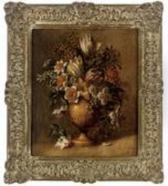Tulips, Mimosa And Other Flowers In A Sculpted Urn, On Aledge Oil Painting by Jean-Baptiste Monnoyer