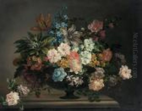 Tulips, Roses, Carnations And 
Other Flowers In An Urn On A Stone Ledge With A Sprig Of Roses Oil Painting by Jean-Baptiste Monnoyer
