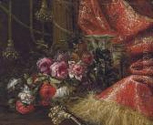 Roses In A China Bowl With Other
 China Vessels On A Table, Drapedwith A Red Curtain With Gold Embroidery
 And Tassels Oil Painting by Jean-Baptiste Monnoyer