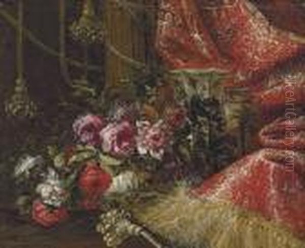 Roses In A China Bowl With Other
 China Vessels On A Table, Drapedwith A Tasseled And Gold-embroidered 
Red Curtain Oil Painting by Jean-Baptiste Monnoyer