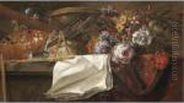 Still Life With Artist's 
Materials, Including A Used Palette And A Series Of Brushes, Together 
With A Small Basket Of Flowers On A Table Top Oil Painting by Jean-Baptiste Monnoyer