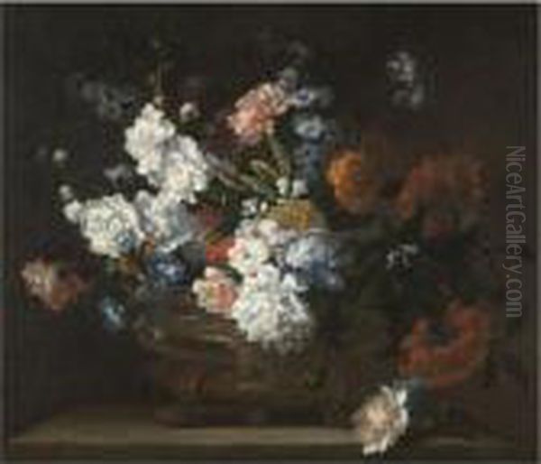 A Still Life Of Flowers 
Including Peonies, Carnations, Poppies And Auriculae In A Bronze Urn On A
 Stone Ledge Oil Painting by Jean-Baptiste Monnoyer