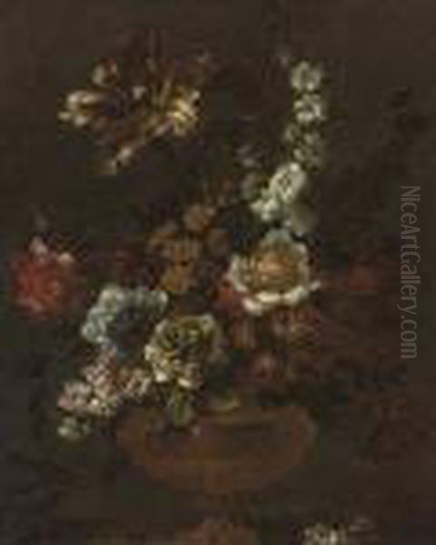 A Parrot Tulip, Chrysanthemums, 
Stock, Primula, And Other Flowers In A Sculpted Urn On A Ledge Oil Painting by Jean-Baptiste Monnoyer