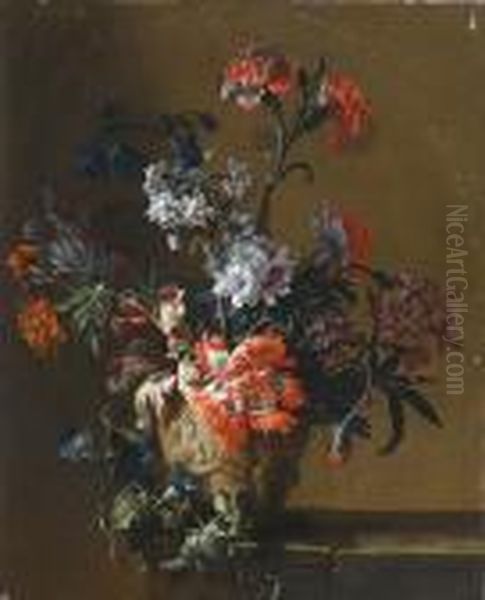 Chrysanthemums, Tulips, Morning 
Glory, Narcissi And Other Flowers In A Vase On A Stone Ledge Oil Painting by Jean-Baptiste Monnoyer
