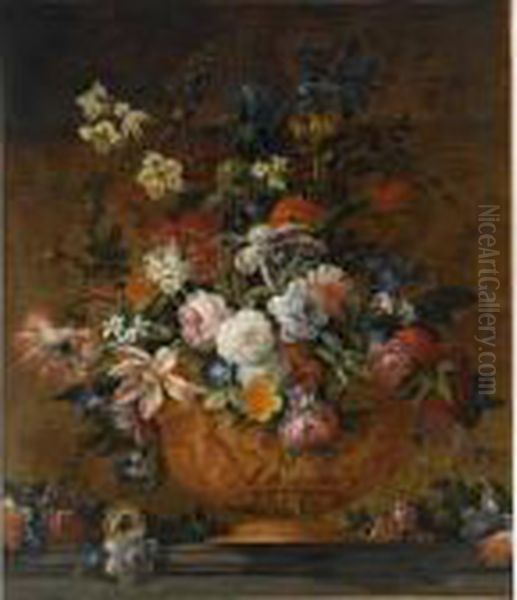 A Still Life With Roses, Tulips,
 Irisses, Poppy Anemones, Auricula, Hyacinths And Other Flowers, All In A
 Terracotta Sculpted Vase, On A Stone Ledge Oil Painting by Jean-Baptiste Monnoyer