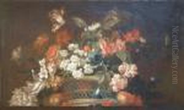 French Oil On Canvas Still Life 
Of Flowers In A Basket Painted As A Sur Portiere 22 X 36.5in Oil Painting by Jean-Baptiste Monnoyer