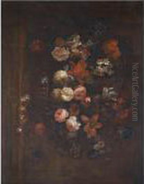 Still Life With Morning Glory, 
Roses, Tulips, A Crown Fruitillary, Honeysuckle, Morning Glory, Irises, 
And Various Other Flowers In A Vase On A Ledge Oil Painting by Jean-Baptiste Monnoyer