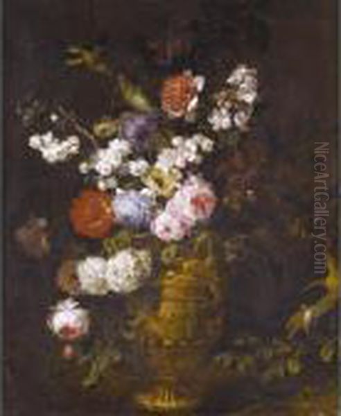 A Still Life Of Roses, 
Carnations, Hydrangeas And Other Flowers In A Classical Urn, With Birds Oil Painting by Jean-Baptiste Monnoyer