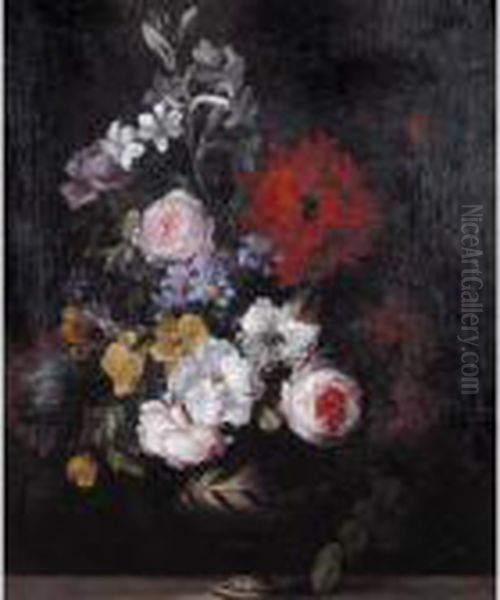 A Still Life Of Flowers 
Including Roses, Carnations And Lilies In An Urn On A Stone Ledge Oil Painting by Jean-Baptiste Monnoyer