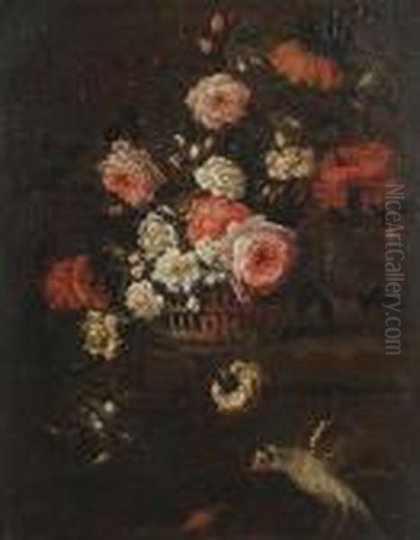 Still Life Of Roses And Other 
Flowers In A Basket On A Ledge, With A Goldfinch And A Beetle. Oil Painting by Jean-Baptiste Monnoyer