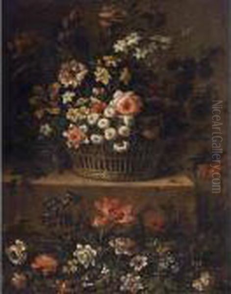 Roses, Daffodils, Tulips And 
Other Flowers In A Basket On A Stone Ledge, Together With Tulips, 
Anemones, Hyacinths And Other Flowers Below Oil Painting by Jean-Baptiste Monnoyer