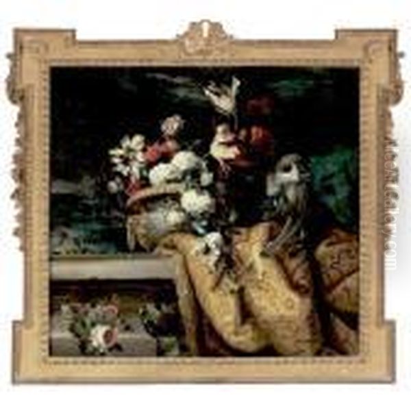 Still Life Of Tulips, Hydrangea 
And Other Flowers In A Gilt Urn And A Monkey All Resting On A Partially 
Draped Ledge Oil Painting by Jean-Baptiste Monnoyer