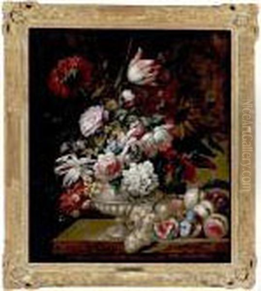 Still Life Of Tulips, Roses, 
Peonies, Poppies And Other Flowers In A Vase Resting On A Table With 
Figs, Grapes And Peaches Oil Painting by Jean-Baptiste Monnoyer
