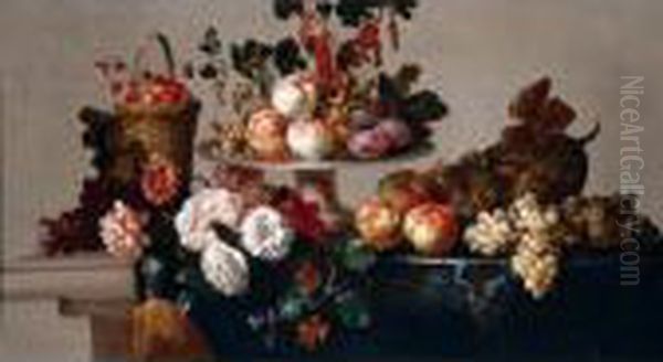 A Still Life Of Peaches, Plums, 
Currants And Hazelnuts On A Silver Platter, Strawberries In A Basket, 
Together With Grapes, Apples, A Melon, Peonies And Zinneas On A Stone 
Table Draped With A Cloth Oil Painting by Jean-Baptiste Monnoyer