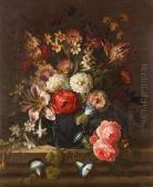 Tulips, Narcissi, Roses, 
Chrysanthemum, Morning Glory And Other Flowers In A Vase On A Stone 
Ledge Oil Painting by Jean-Baptiste Monnoyer