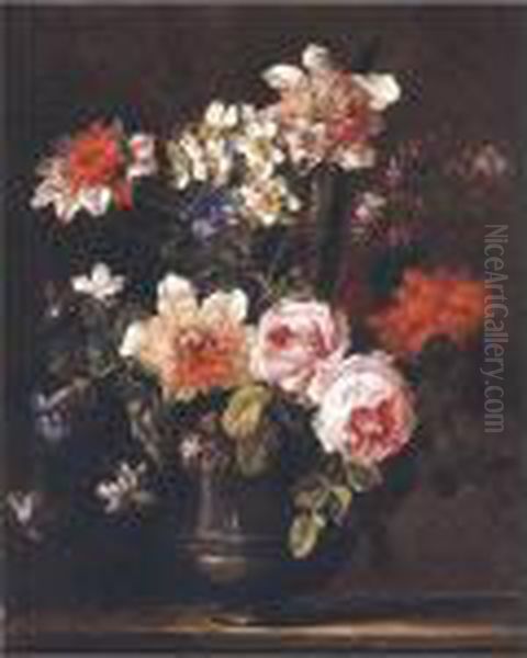 Still Life Of Roses, Carnations,
 Chrysanthemums, Carcissi, Morning Glory And Other Flowers In A Pewter 
Urn Resting On A Ledge Oil Painting by Jean-Baptiste Monnoyer