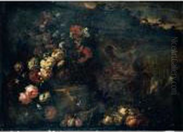 Still Life Of Flowers In A 
Sculpted Vase, Together With A Large Gilt Ewer, Carved Stone Reliefs And
 Fruit, Set Within A Landscape Oil Painting by Jean-Baptiste Monnoyer