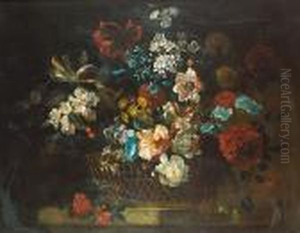 Carnations, Peonies, Tulips, 
Narcissi, Morning Glory And Other Flowers In A Basket On A Ledge Oil Painting by Jean-Baptiste Monnoyer