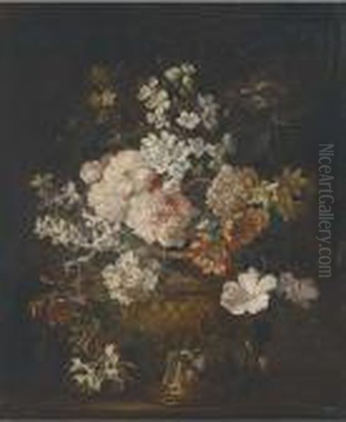 Chrysanthemums, Peonies, 
Narcissi, Honeysuckle, Hyacinth And Other Flowers In A Sculpted Urn On A
 Ledge Oil Painting by Jean-Baptiste Monnoyer