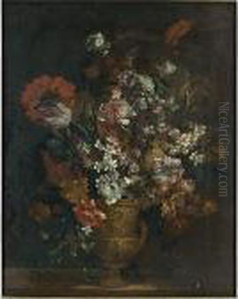 A Still Life With Tulips, 
Carnations, Poppy Anemones, Hyacinths, And Other Flowers In A Copper 
Vase On A Ledge Oil Painting by Jean-Baptiste Monnoyer