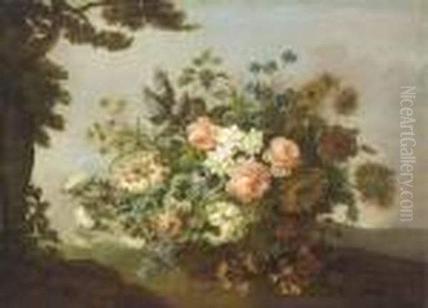 Roses, Carnations, Sunflowers, 
Honeysuckle And Other Flowers In A Basket By A Tree In A Hilly Landscape Oil Painting by Jean-Baptiste Monnoyer