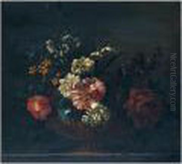 Still Life Of Chrysanthemums, 
Peonies, Morning Glory And Narcissi, In A Gilt Urn, Upon A Stone Ledge Oil Painting by Jean-Baptiste Monnoyer