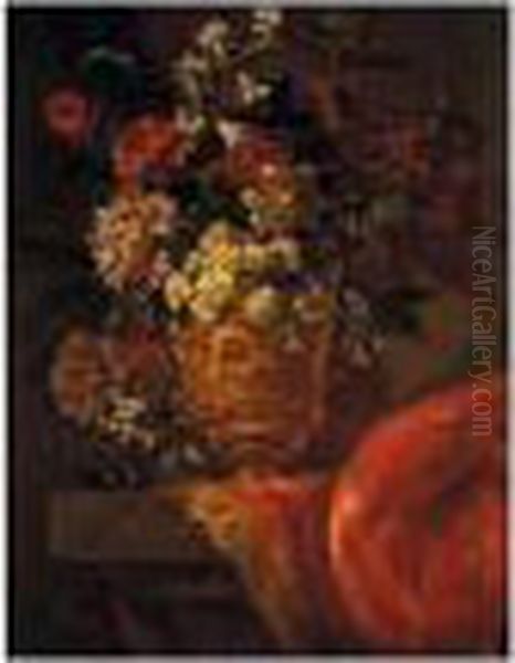 A Still Life Of Various Flowers 
In A Gilt Sculpted Urn, Upon A Stone Pedestal, Partly Draped With A Rug Oil Painting by Jean-Baptiste Monnoyer