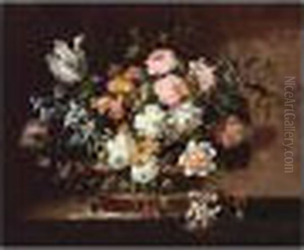 Still Life Of Tulips, Roses, 
Hyacinths And Other Flowers In A Wicker Basket Set On A Stone Table Oil Painting by Jean-Baptiste Monnoyer