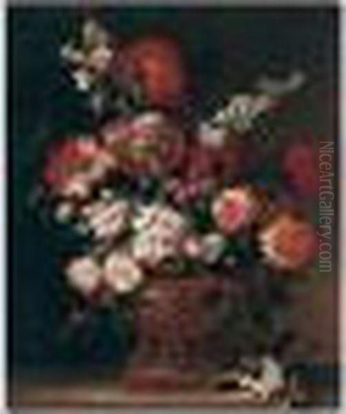 A Still Life Of Roses, 
Carnations, Stocks, Poppies And Tobacco Plants, Arranged Within A Gilt 
Urn, Together With A Sprig Of Orange-blossom Upon A Stone Ledge Oil Painting by Jean-Baptiste Monnoyer