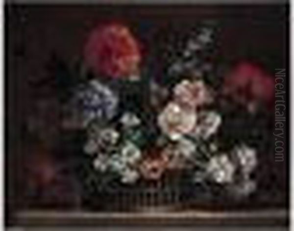 A Still Life Of Roses, 
Carnations, Delphiniums, Peonies And Lilies, Arranged In A Wicker 
Basket, Upon A Stone Ledge Oil Painting by Jean-Baptiste Monnoyer