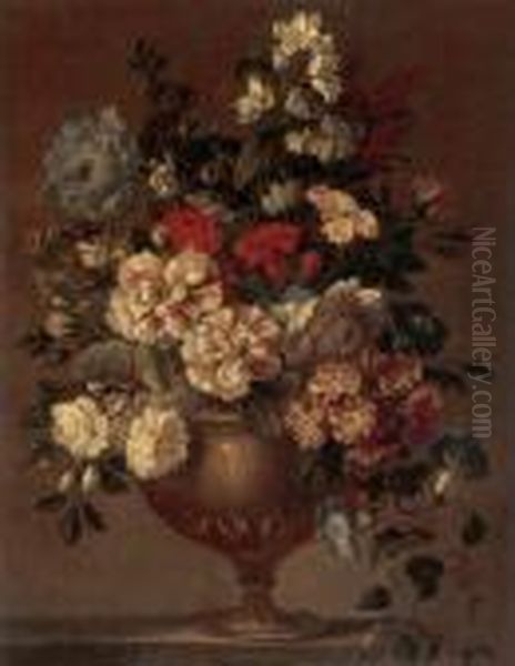 Still Life Of Zinnias, 
Carnations, Morning Glories And Other Flowers In A Bronze Vase Resting 
On A Ledge Oil Painting by Jean-Baptiste Monnoyer