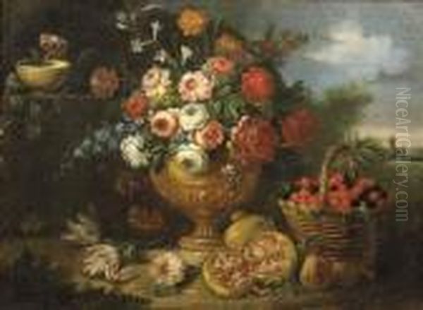 Mixed Flowers In A Vase With 
Cherries In A Basket, A Pomegranate And Flowers In A Landscape- An 
Overdoor Oil Painting by Jean-Baptiste Monnoyer