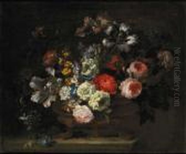 Roses, Tulips, Lilies, 
Chrysanthemums, Lilac, Gentians And Yellow Sage In An Urn On A Marble 
Ledge Oil Painting by Jean-Baptiste Monnoyer