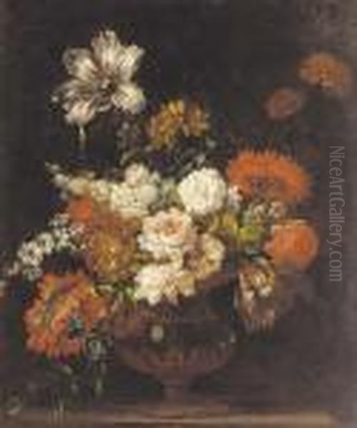 Roses, Tulips, Carnations, Blue 
Bells, Morning Glory And Other Flowers In An Urn On A Ledge Oil Painting by Jean-Baptiste Monnoyer