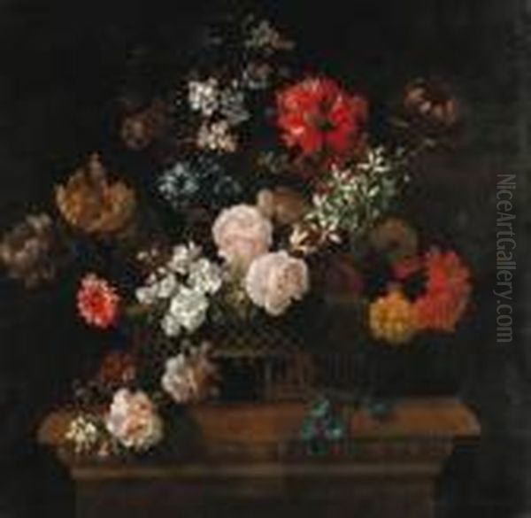 Roses, Convolvulus, Spider 
Lilies, Parrot Tulips, A Paeony Andother Flowers In A Basket On A 
Pedestal Oil Painting by Jean-Baptiste Monnoyer