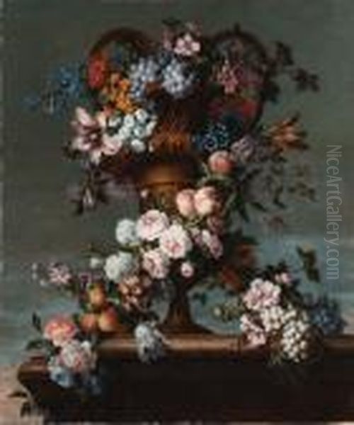 Grapes, Peaches, Plums, Roses, 
Hyacinth, Hydrangea And Otherflowers Entwined Around A Bronze Vase Oil Painting by Jean-Baptiste Monnoyer