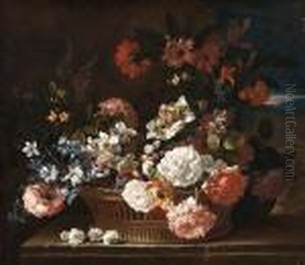 Roses, Narcissi, A Hyacinth, 
Primulae, Jasmine, Carnations Andother Flowers In A Wicker Basket On A 
Stone Ledge, A Landscapebeyond Oil Painting by Jean-Baptiste Monnoyer