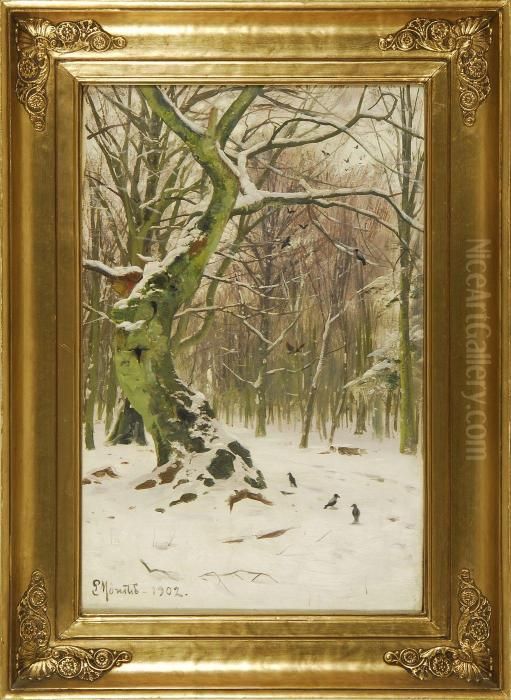 Forest Landscape In Winter Oil Painting by Peder Mork Monsted