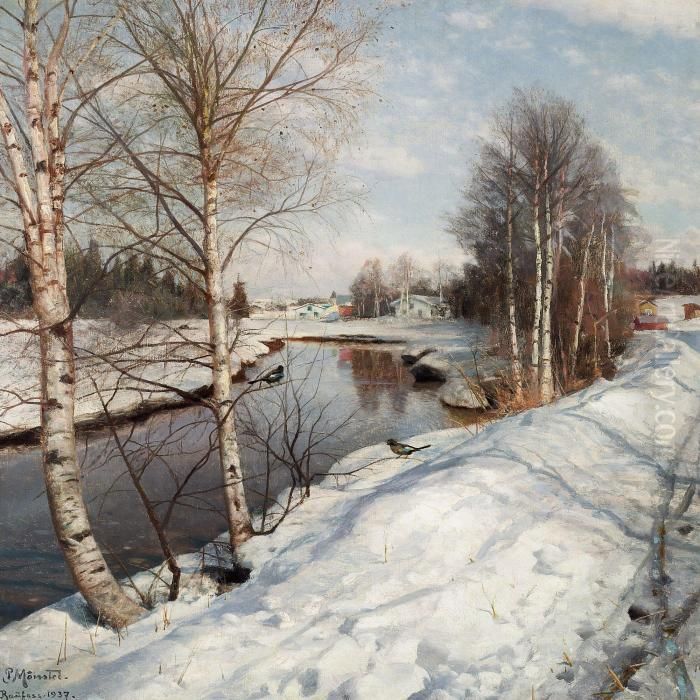 A Bright
Day With Thaw At Hundselven In Norway. Oil Painting by Peder Mork Monsted