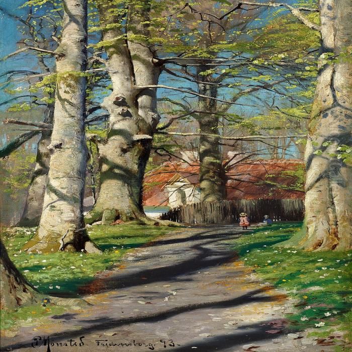 View Of Fredensborg Withchildren On A Path In The Woods Oil Painting by Peder Mork Monsted