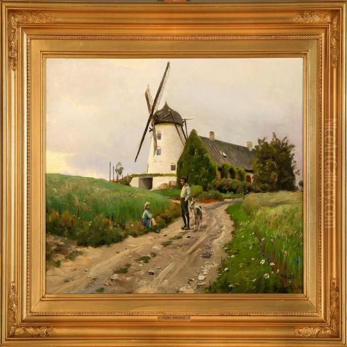 Two Children On Acountry Road At Nordskov Mill, Denmark Oil Painting by Peder Mork Monsted