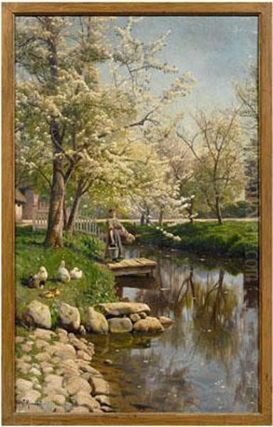 Woman With Laundry Beside
A River In Spring Landscape Oil Painting by Peder Mork Monsted