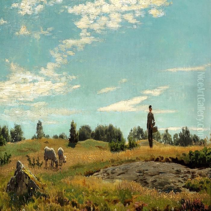 A Farmer With His Sheepon The Moor Oil Painting by Peder Mork Monsted