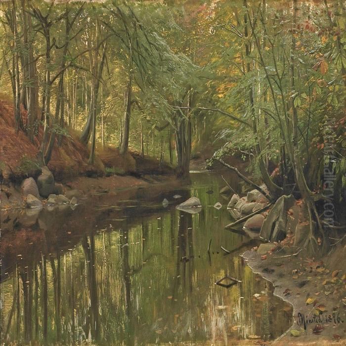 Forest Scenery Withtrees By A Stream Oil Painting by Peder Mork Monsted