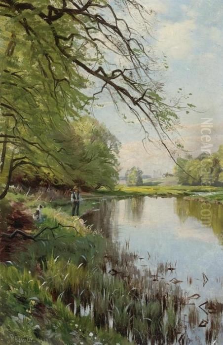 Angler At The River. 1910. Oil Painting by Peder Mork Monsted