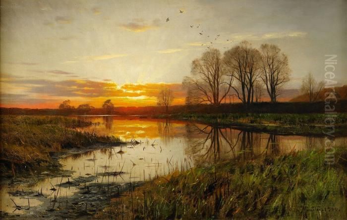 Solnedgang Over Vattendrag Oil Painting by Peder Mork Monsted